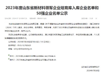 喜报   ！公司成功入选2023年山东省新材料领军企业培育库
